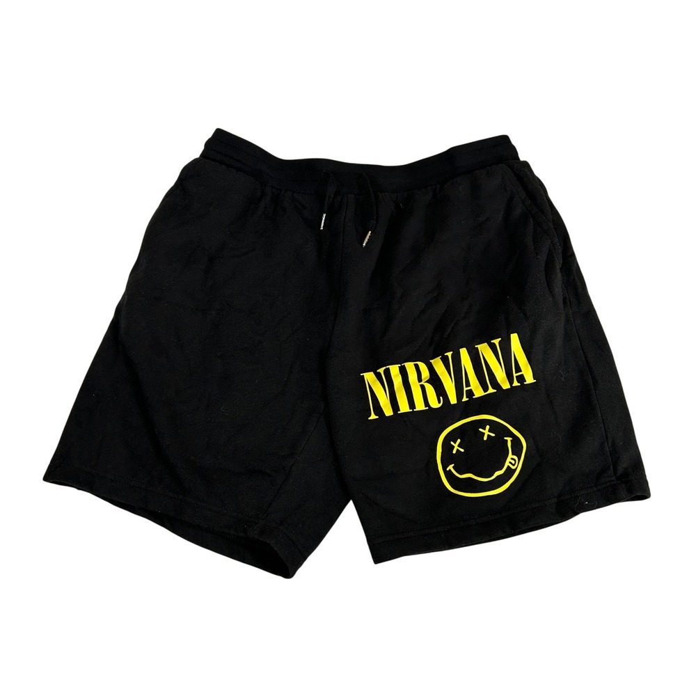 Nirvana Smiley Face Graphic Black Sweat Shorts Mens Size Medium 716068707507
